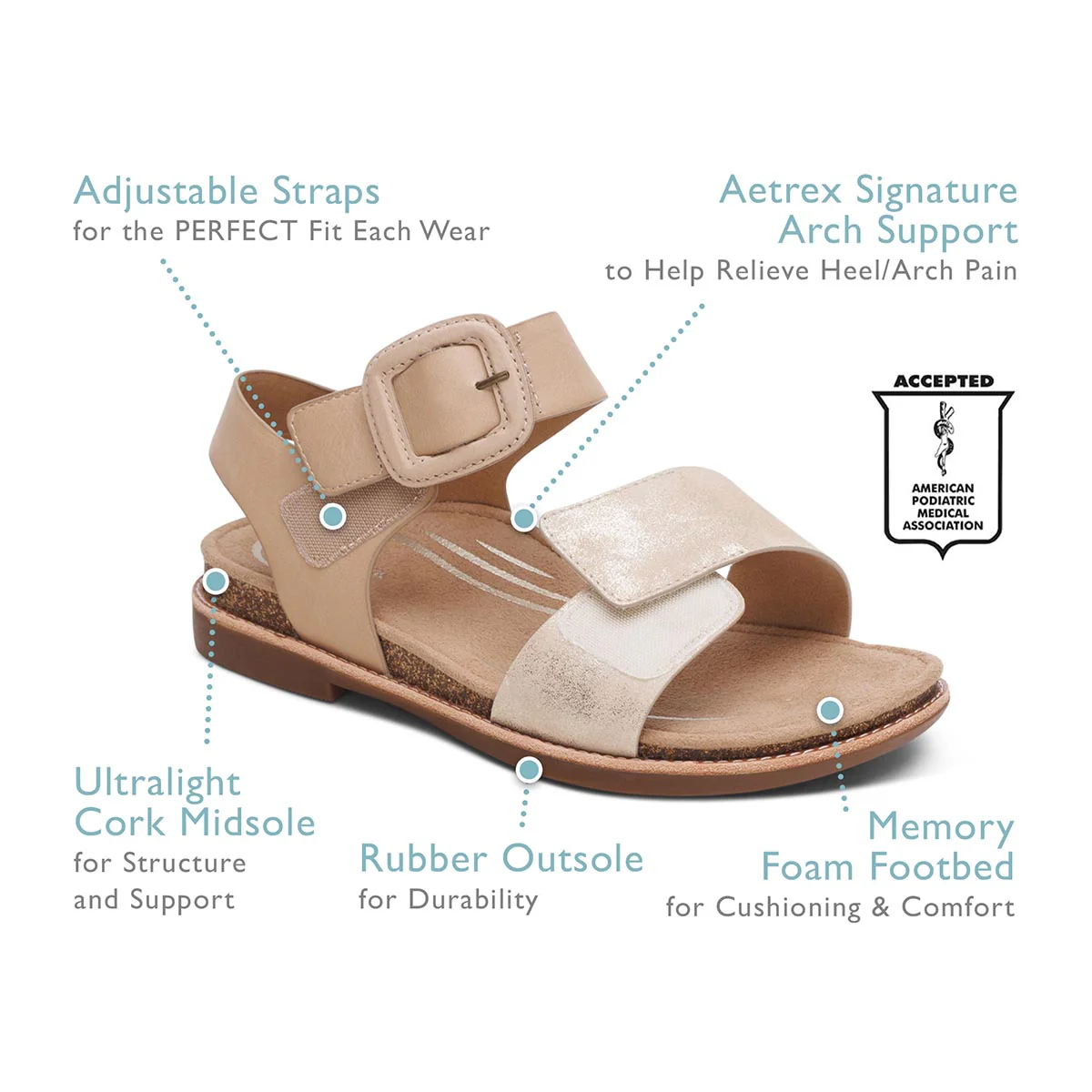 Aetrex Claire Women's Adjustable Strap Sandal – Champagne - Image 5