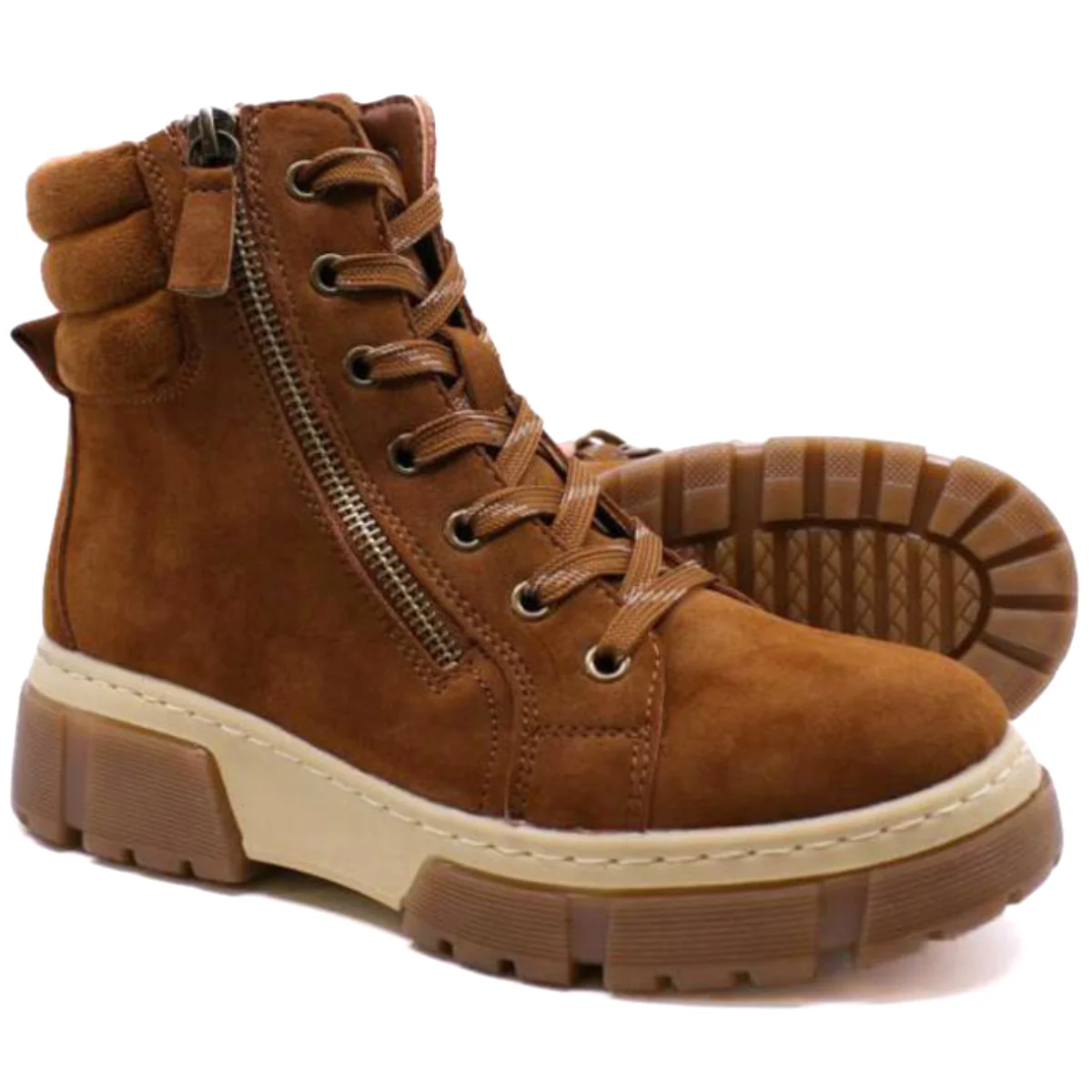 F7122 Side Zip Lace Up Water Resistant Boots with Lug Sole