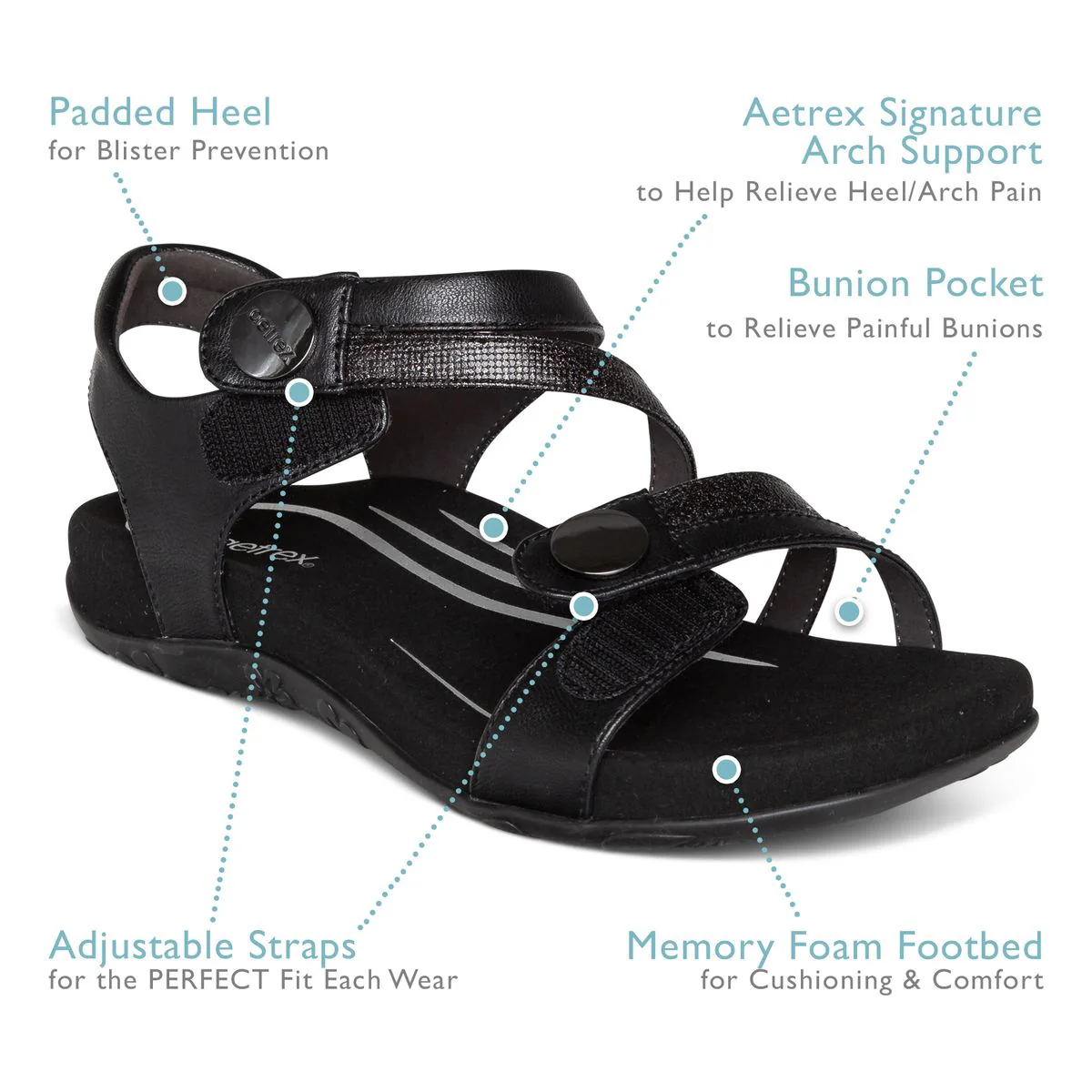 Aetrex Jess Women's Adjustable Quarter Strap Sandal – Black - Image 3