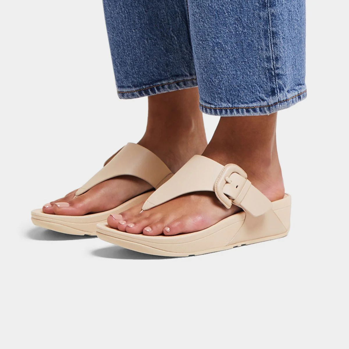 LULU Covered-Buckle Toe Thong Slide in Beige - Image 6